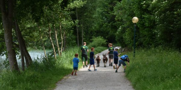 FÖJlerin und FÖJler mit Ziegen und Kindern © Stadt Burghausen
