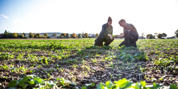 Farmerin und Farmer begutachten Feld © Annette Birkenfeld