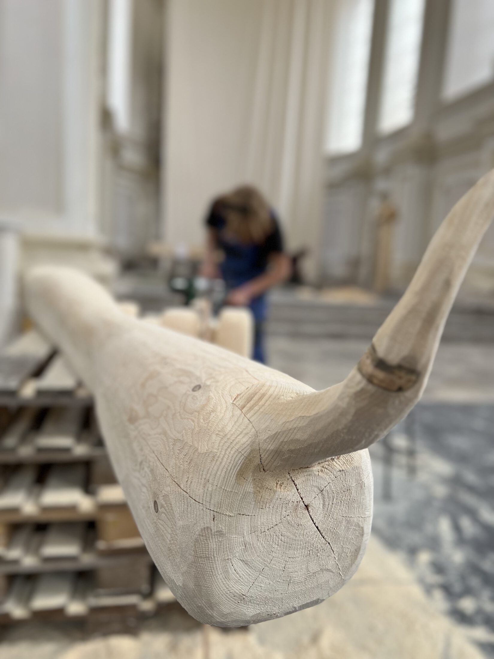 Neun Studenten der Bildhauerschule Hallstatt werkten von 16.10. bis 20.10.2023 bei offenen Türen in der Burghauser Altstadt. Der Kontakt kam über Altstadtkümmerer Tobias Hanig und Kunsthistorikerin Ines Auerbach zustande. Fotocredit: Stadt Burghausen / köx