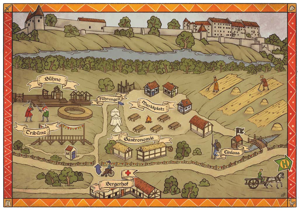 Ein Plan gezeichnet als Skizze im mittelalterlichen Stil eines Buchdrucks, der das Festgelände mit den verschiedenen Bereichen zeigt. Im Hintergrund die Burg zu Burghausen.