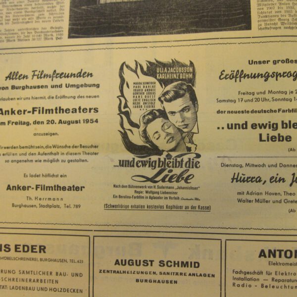 Zeitungsanzeige zur Eröffnung der "Anker-Lichtspiele" am 20. August 1954 © Haus der Fotografie Burghausen