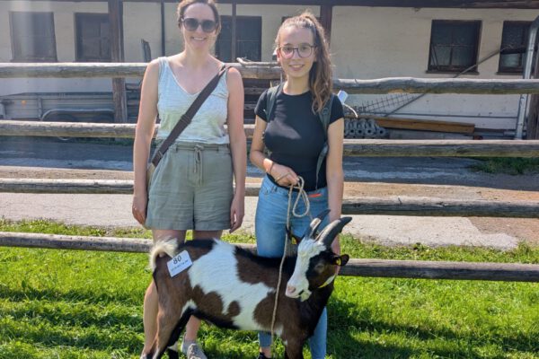Noch jung, aber schon stattlich: Tauernschecken-Bock „Anderl“ darf ab kommenden Herbst für neuen Zicklein-Nachwuchs am Burghang sorgen. Darüber freuen sich Umweltamtleiterin Sarah Freudlsperger (l.) und FÖJ-lerin Annalena Wallner