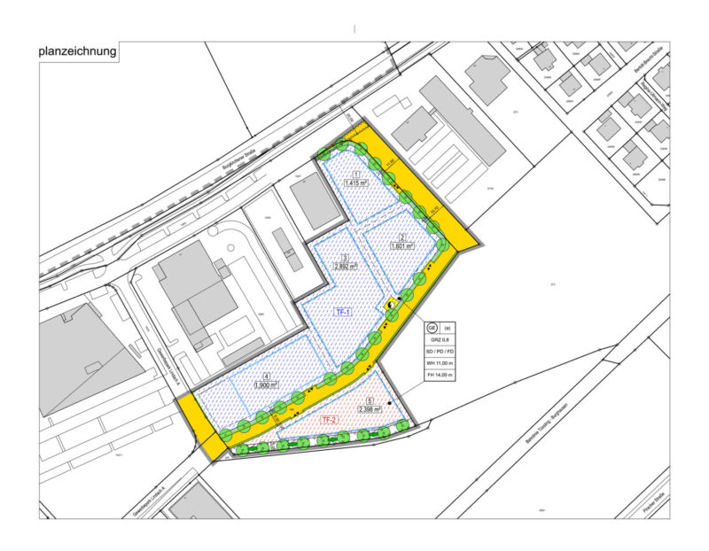 Unterteilt in fünf Parzellen sollen die neuen Gewerbeflächen in Lindach an Unternehmen verschiedenster Branchen zur Ansiedlung angeboten werden. (Grafik: WiföG)
